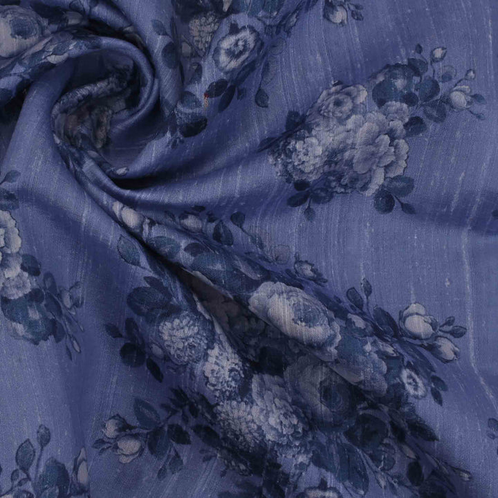 Pastel Purple Navy Floral Printed Rawsilk Fabric