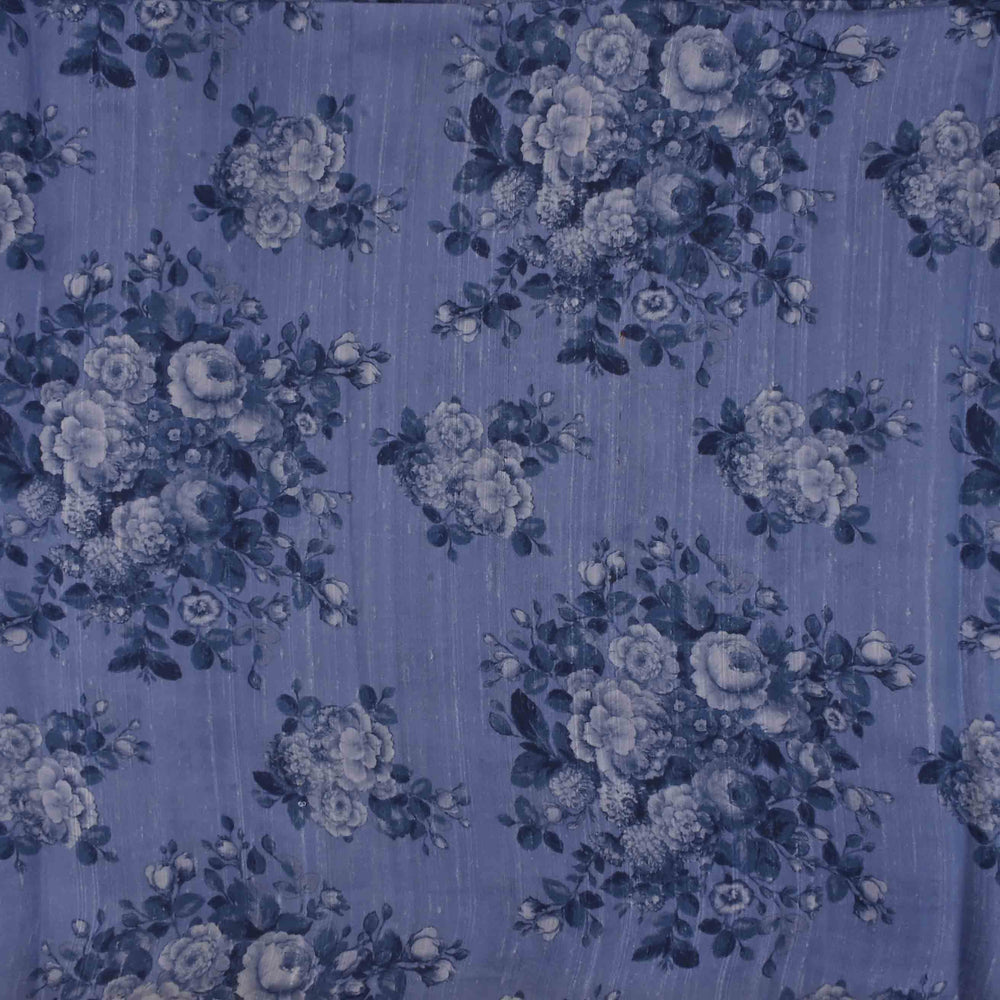 Pastel Purple Navy Floral Printed Rawsilk Fabric