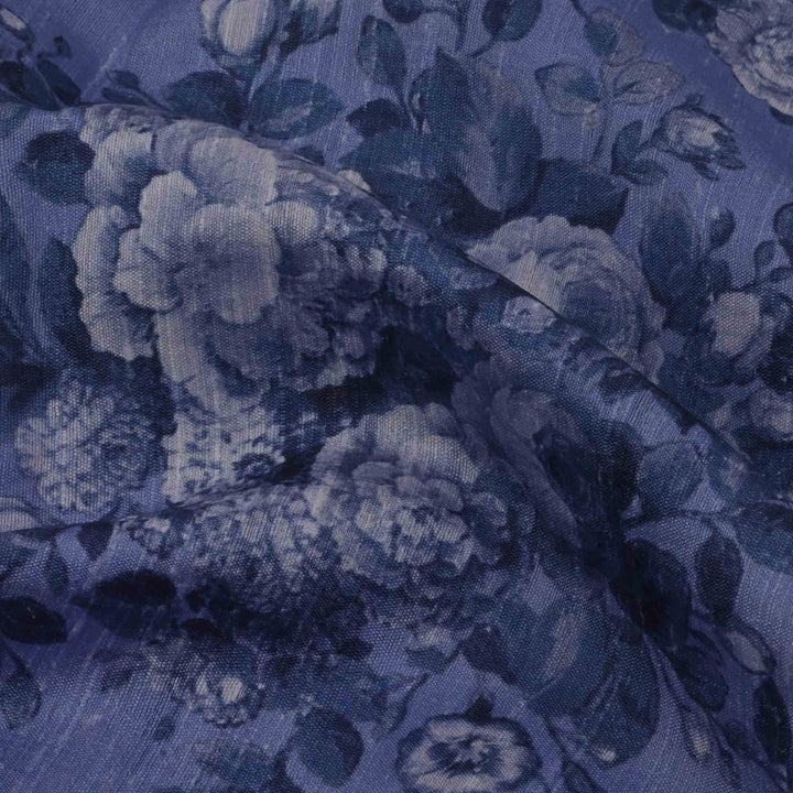 Pastel Purple Navy Floral Printed Rawsilk Fabric