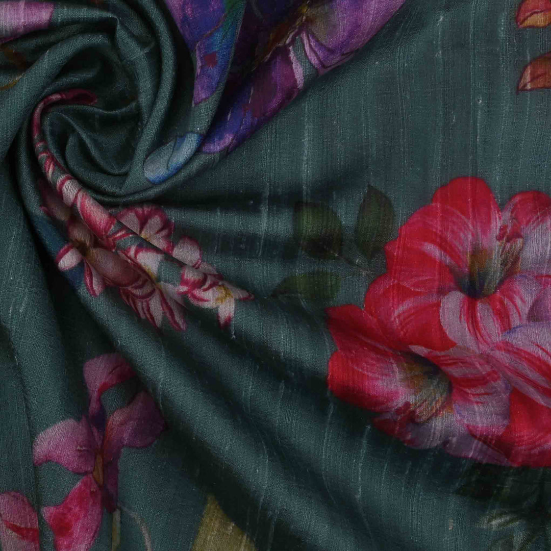 Medium Jungle Green Floral Printed Rawsilk Fabric