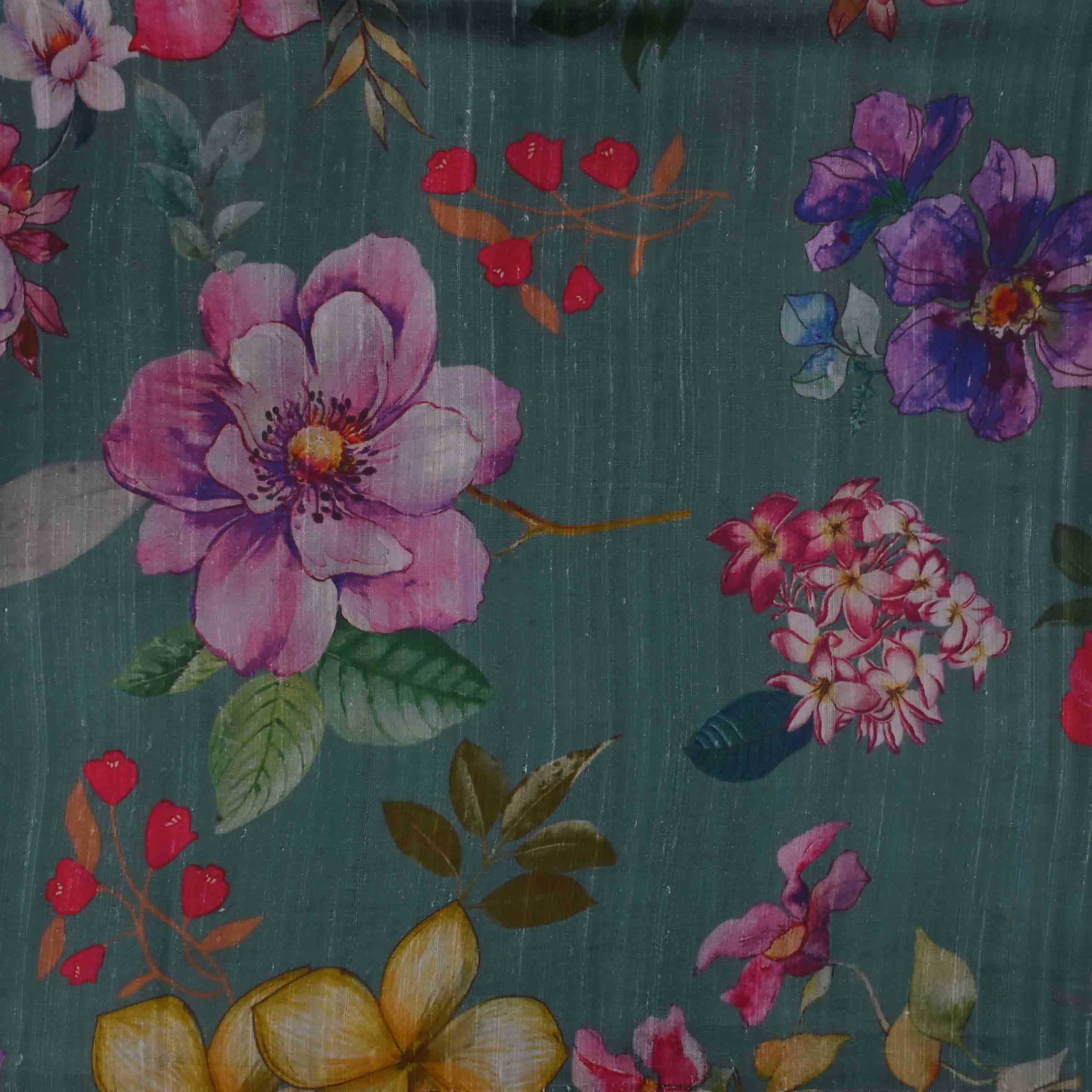 Medium Jungle Green Floral Printed Rawsilk Fabric