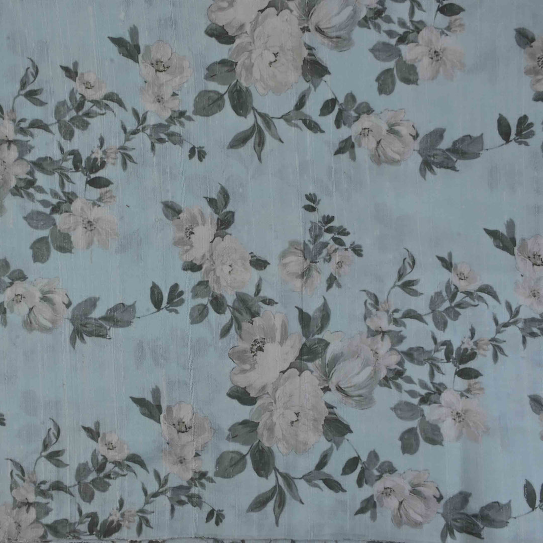Pastel Blue Floral Printed Rawsilk Fabric