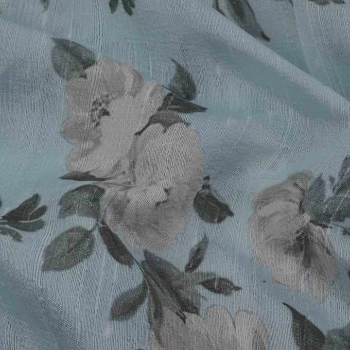 Pastel Blue Floral Printed Rawsilk Fabric