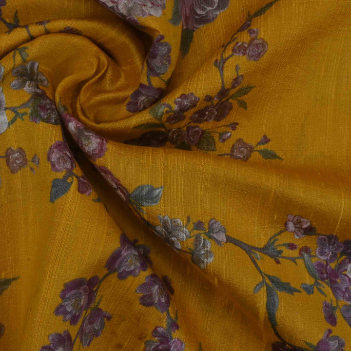 Daisy Yellow Floral Printed Rawsilk Fabric