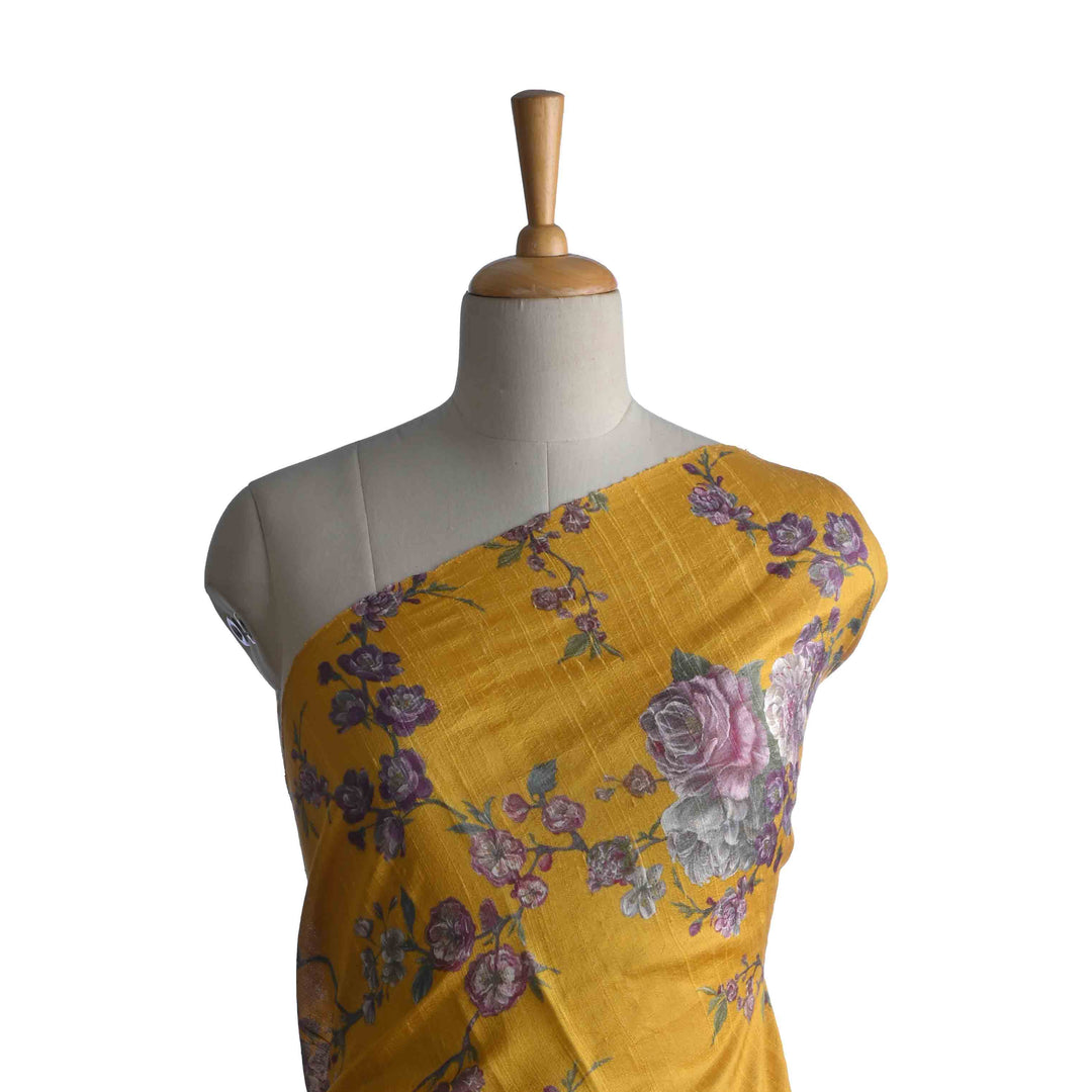 Daisy Yellow Floral Printed Rawsilk Fabric