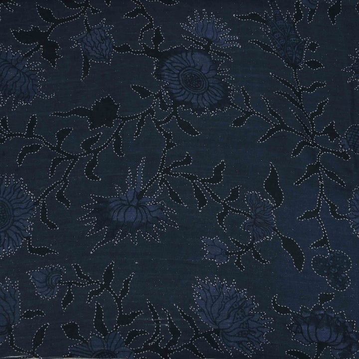 Delft Blue Floral Printed Matka Fabric