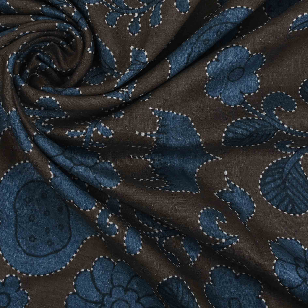 Bistre Brown Floral Printed Matka Fabric