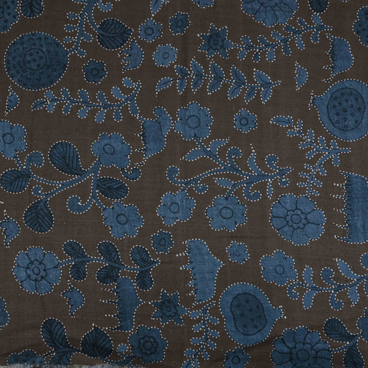Bistre Brown Floral Printed Matka Fabric