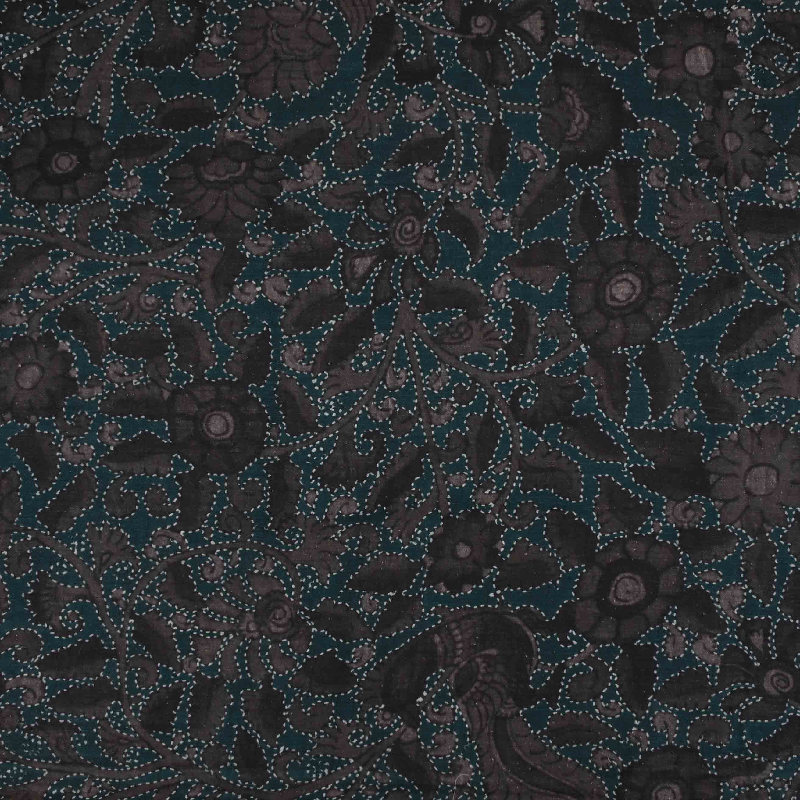 Midnight Green Floral Printed Matka Fabric