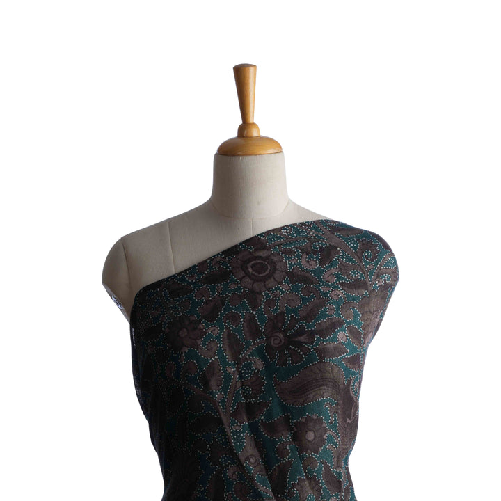 Midnight Green Floral Printed Matka Fabric