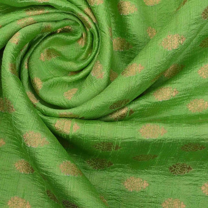 Mantis Green Raw Silk Fabric With Zari Weaving