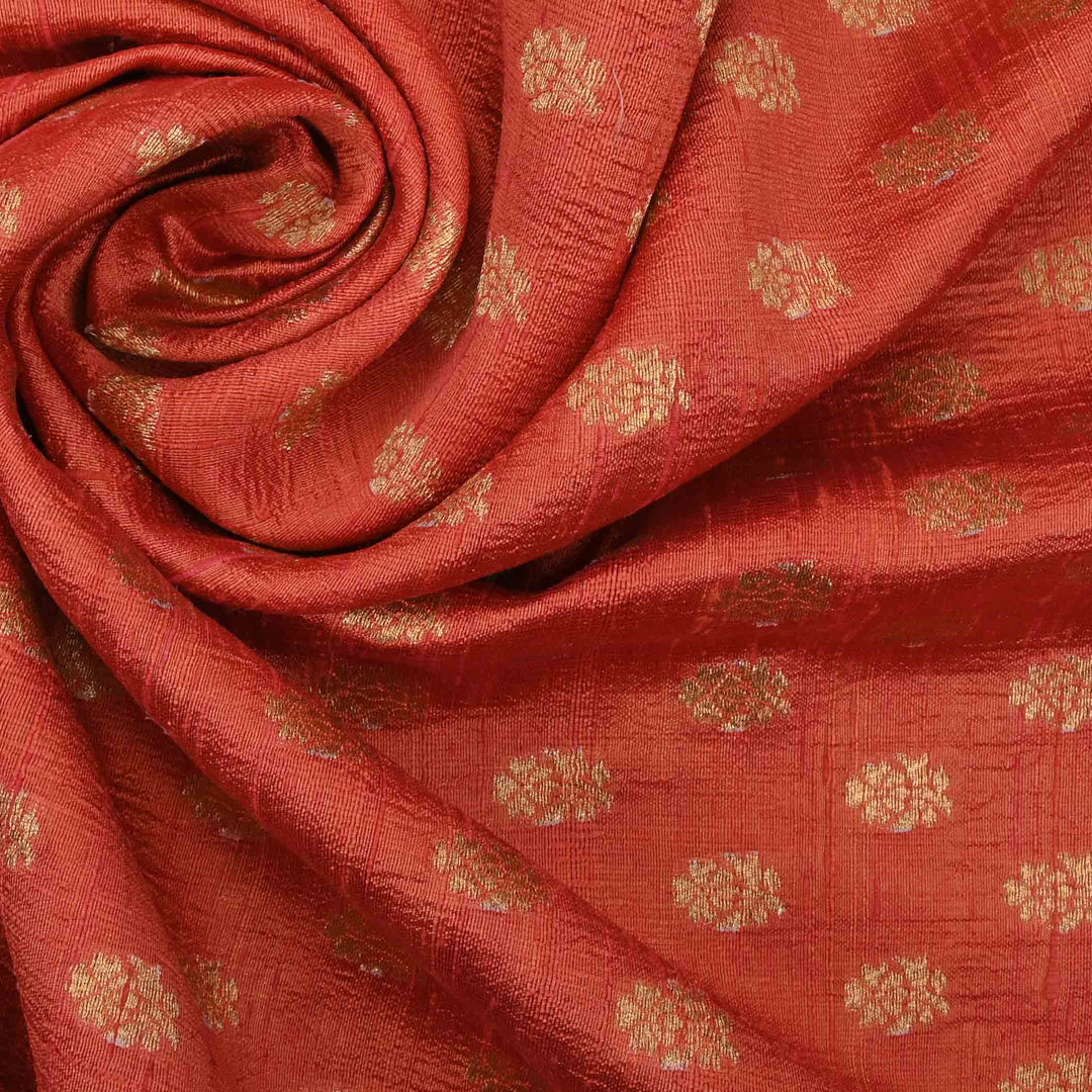 Imperial Red Raw Silk Fabric With Zari Weaving