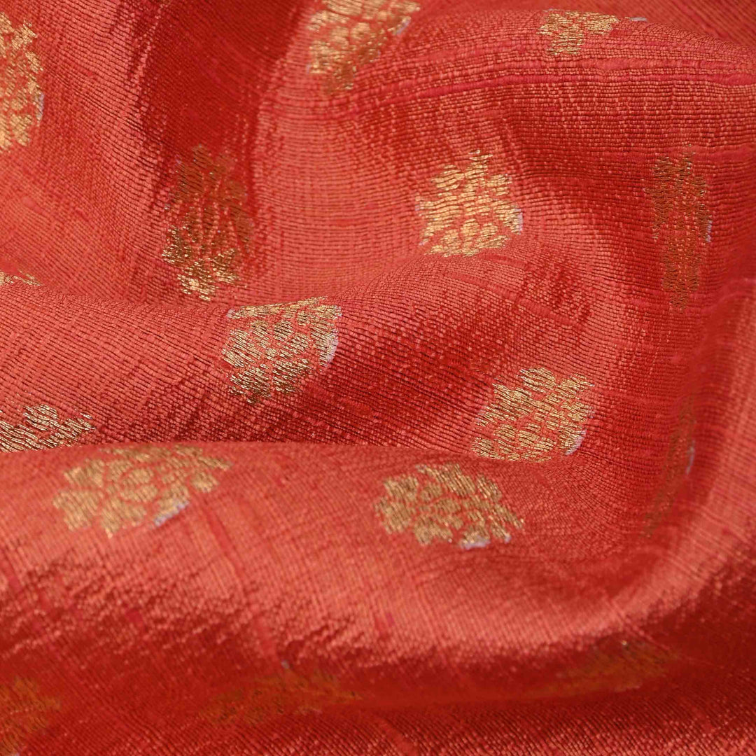 Imperial Red Raw Silk Fabric With Zari Weaving