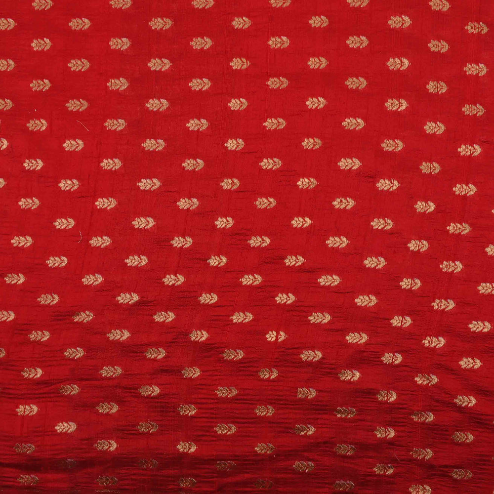 Crimson Red Raw Silk Fabric With Zari Weaving