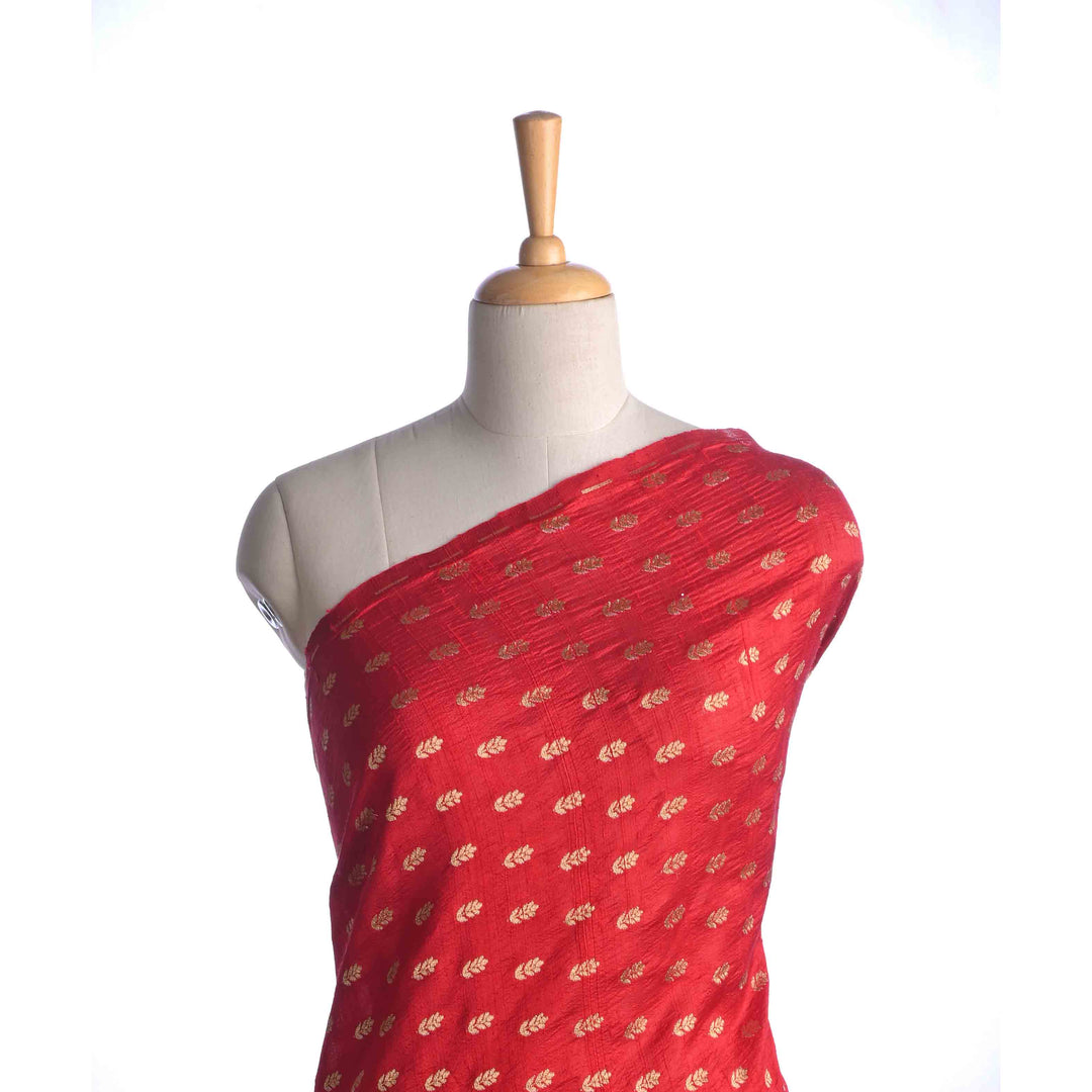 Crimson Red Raw Silk Fabric With Zari Weaving