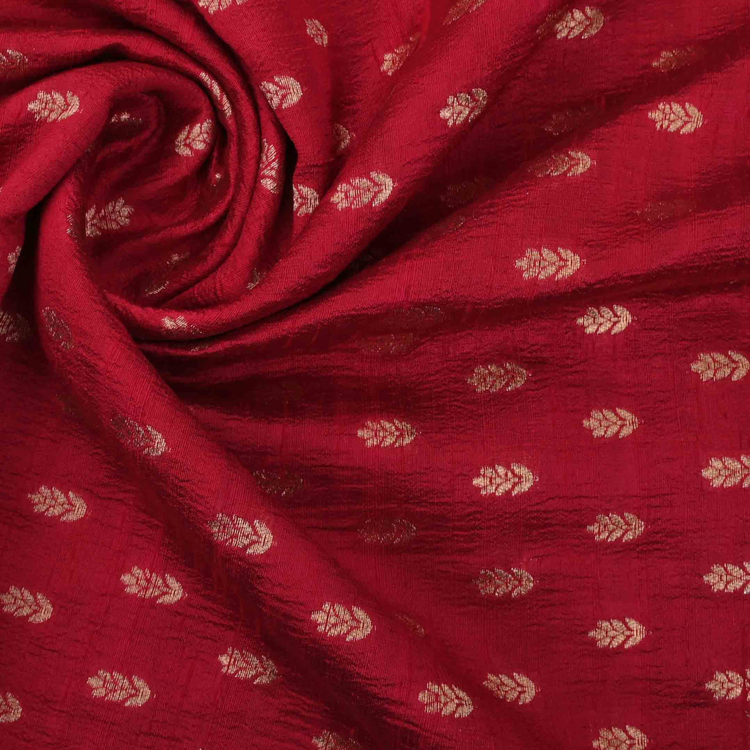 Ajax Red Raw Silk Fabric With Zari Weaving