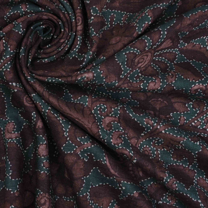 Deep Coffee Brown Floral Printed Linen Fabric
