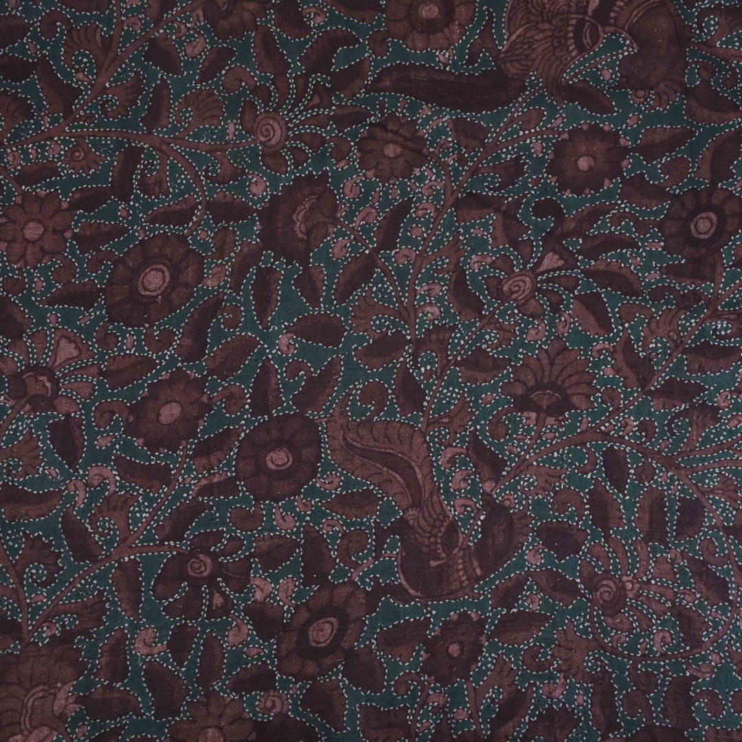 Deep Coffee Brown Floral Printed Linen Fabric