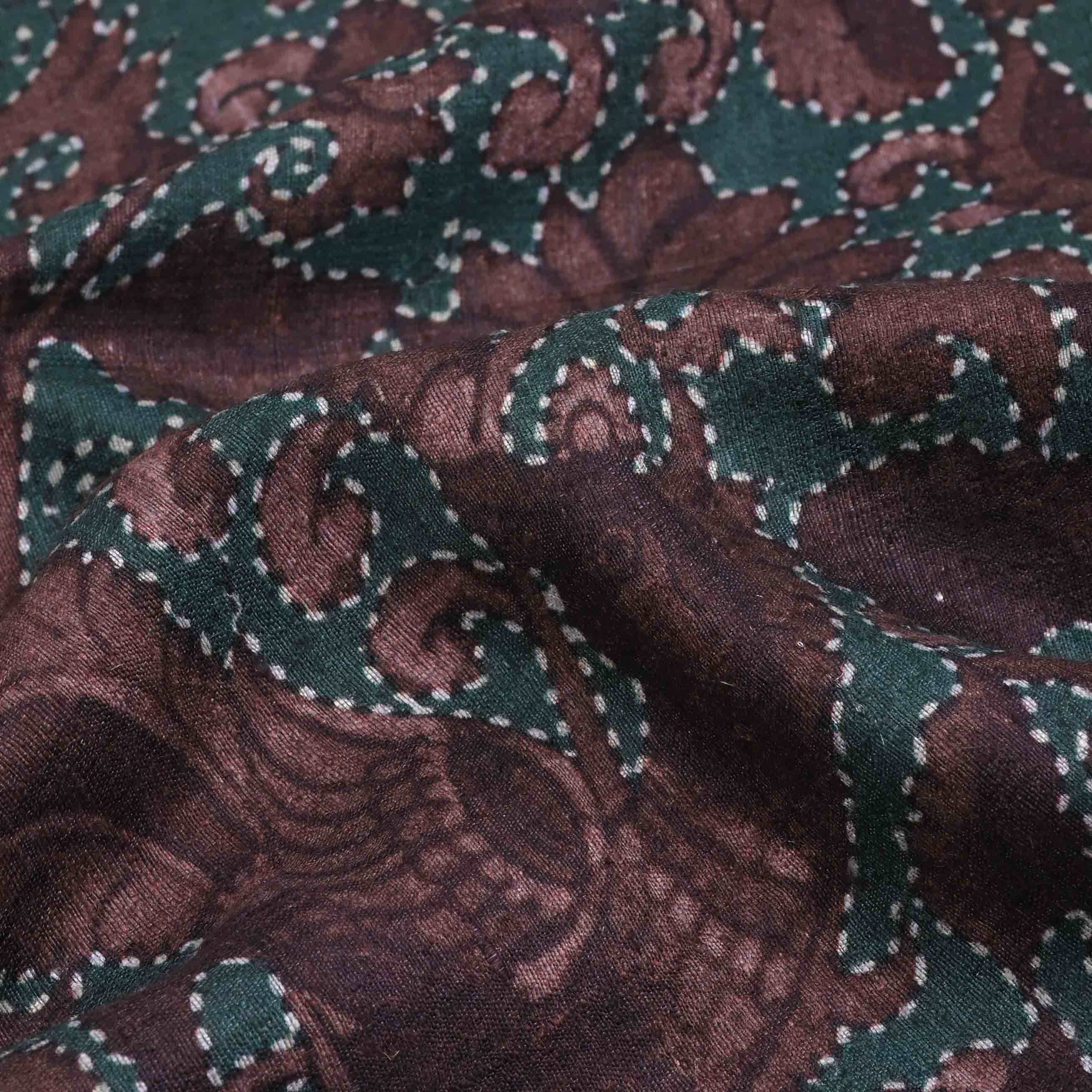 Deep Coffee Brown Floral Printed Linen Fabric