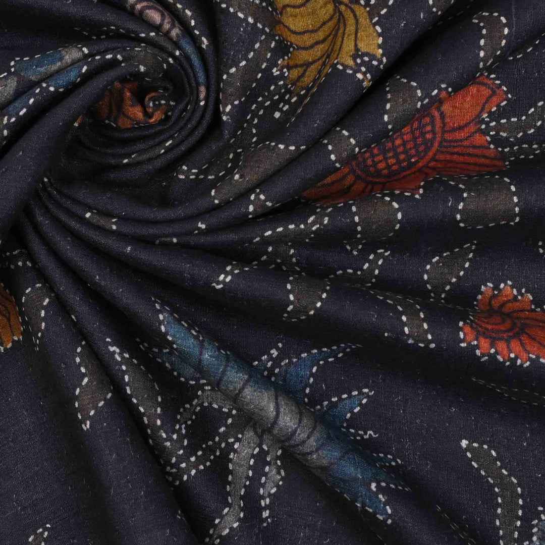 Matte Black Floral Printed Linen Fabric