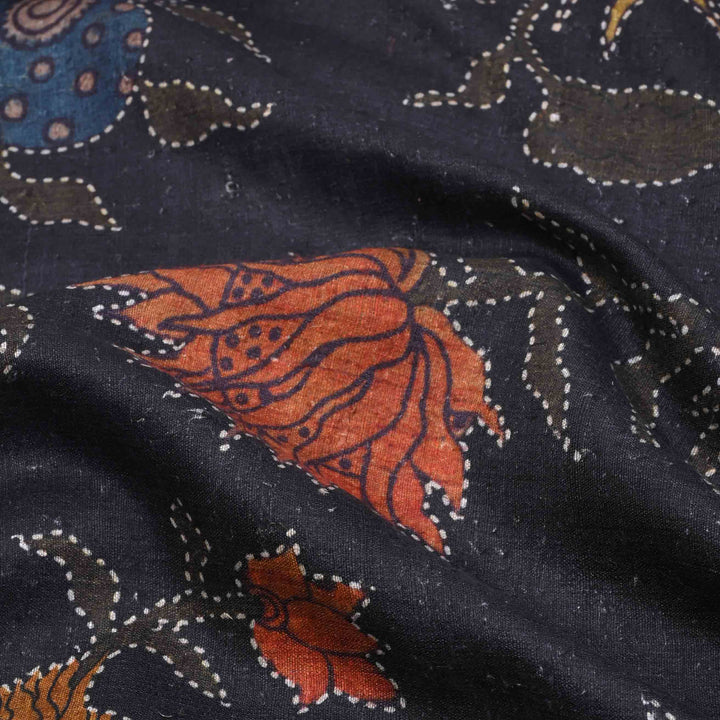 Matte Black Floral Printed Linen Fabric