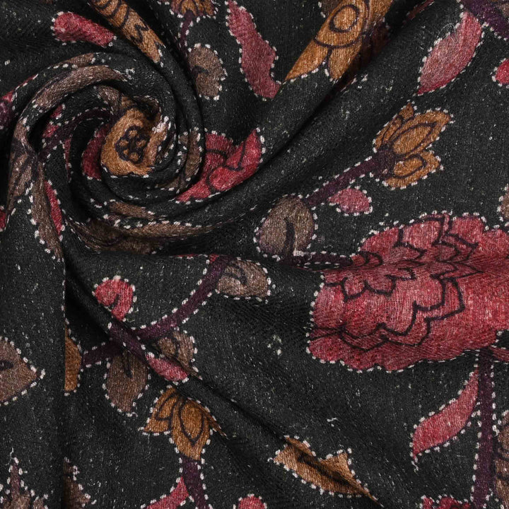 Matte Black Printed Linen Fabric With Floral Pattern