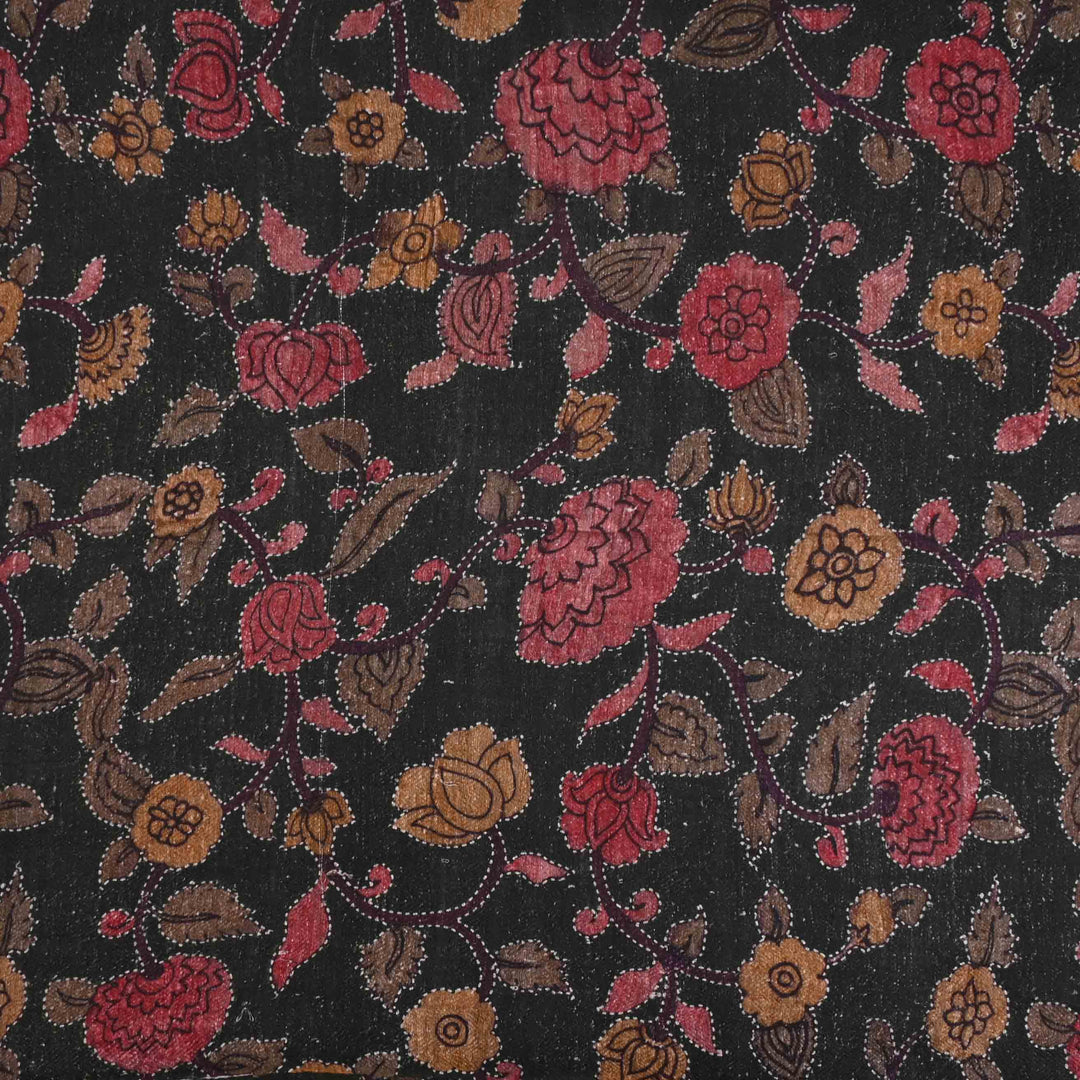 Matte Black Printed Linen Fabric With Floral Pattern