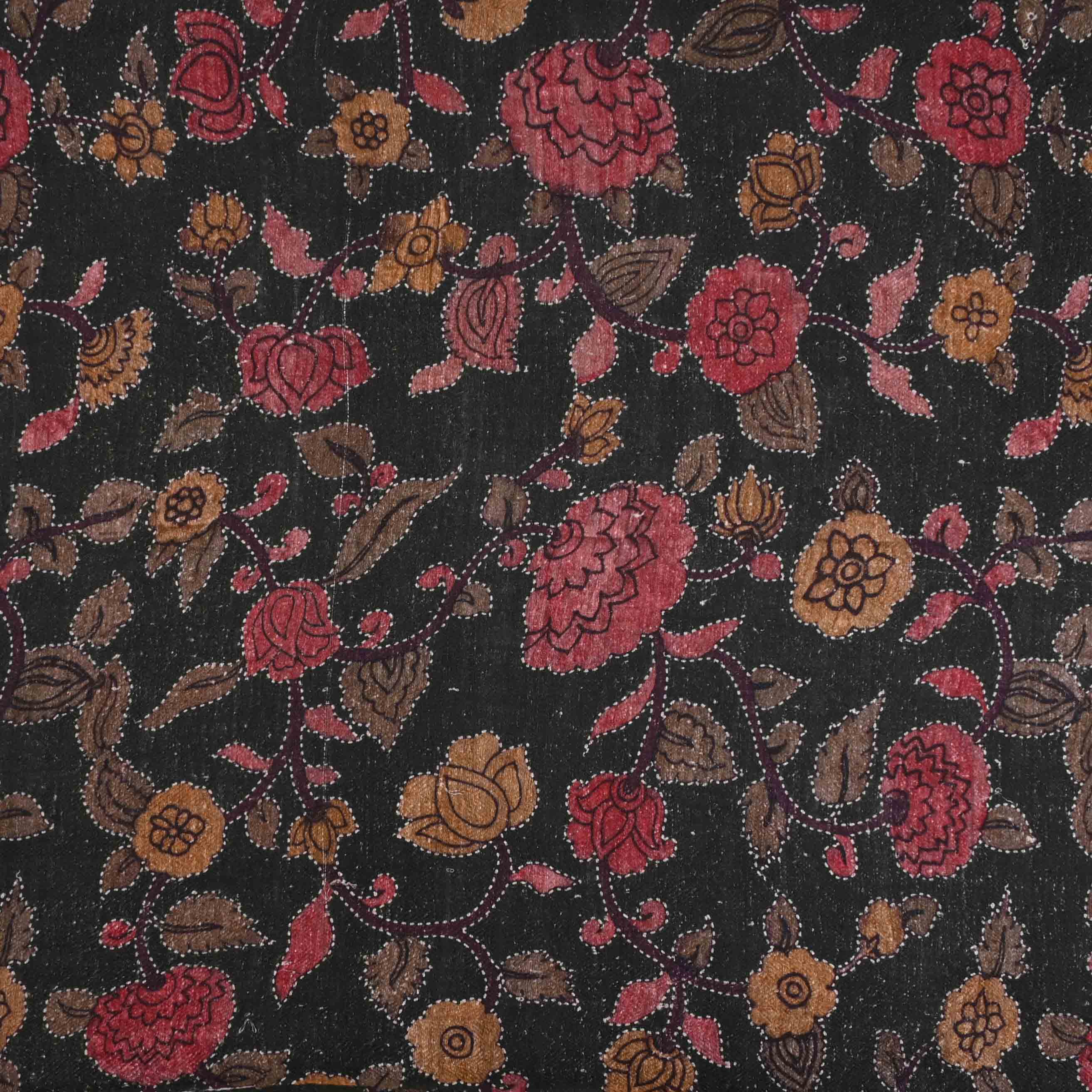 Matte Black Printed Linen Fabric With Floral Pattern