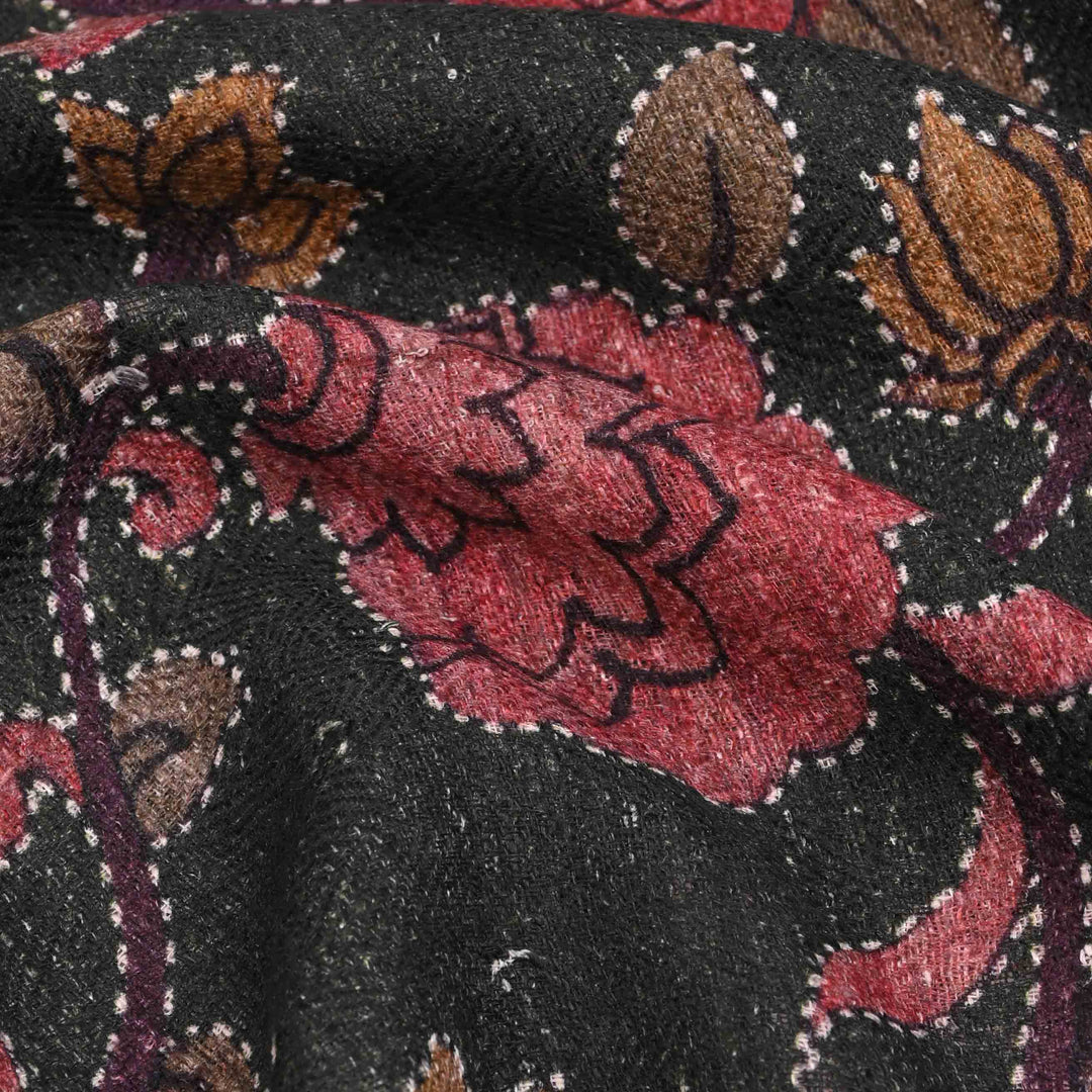 Matte Black Printed Linen Fabric With Floral Pattern