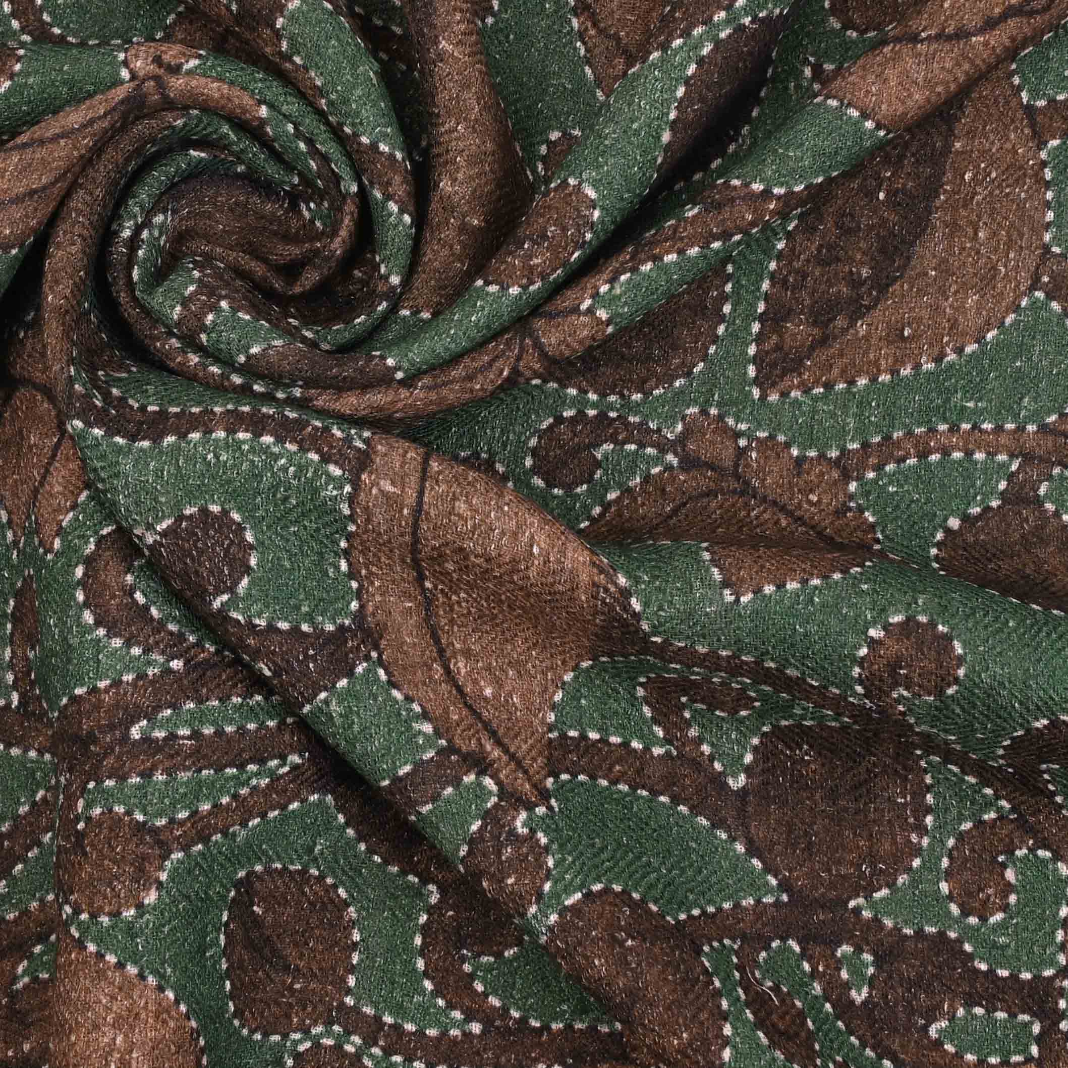 Dark Sea Green Printed Linen Fabric With Floral Pattern