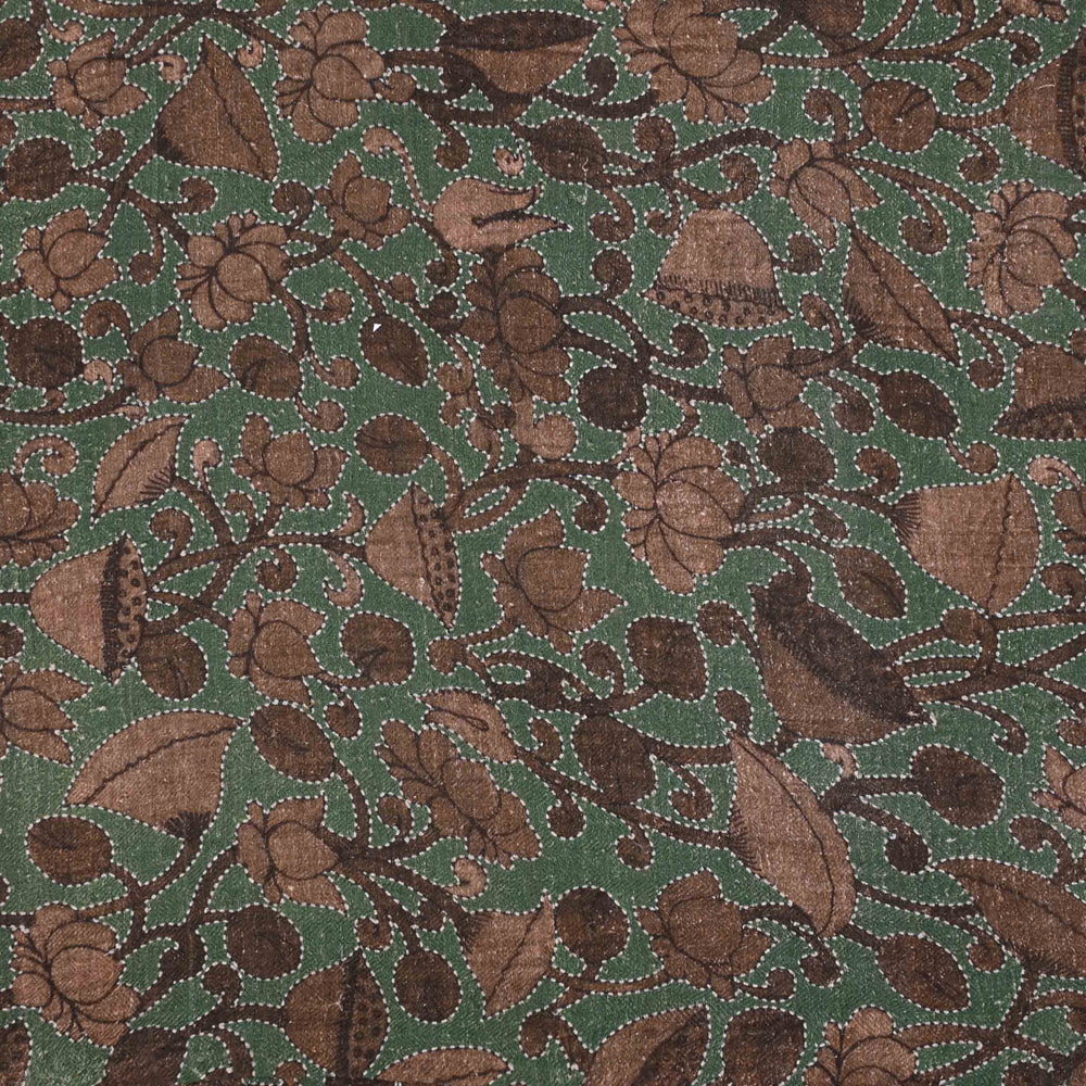 Dark Sea Green Printed Linen Fabric With Floral Pattern