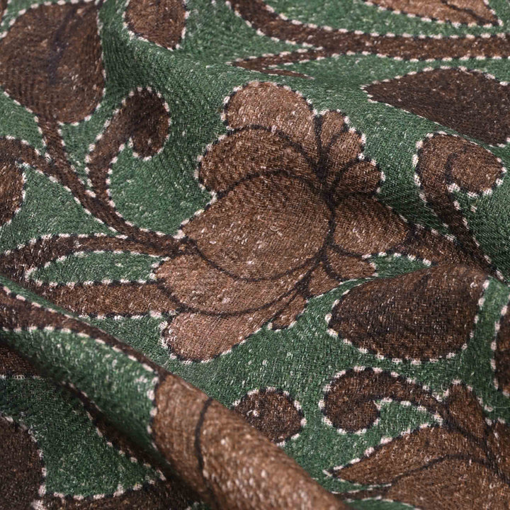 Dark Sea Green Printed Linen Fabric With Floral Pattern
