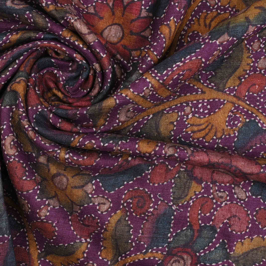Byzantium Purple Printed Linen Fabric With Floral Pattern