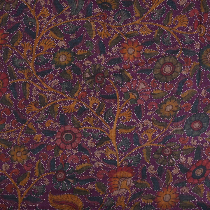 Byzantium Purple Printed Linen Fabric With Floral Pattern
