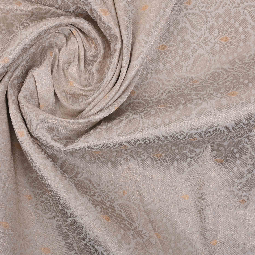 Cascading White Banarasi Brocade Fabric With Floral Pattern