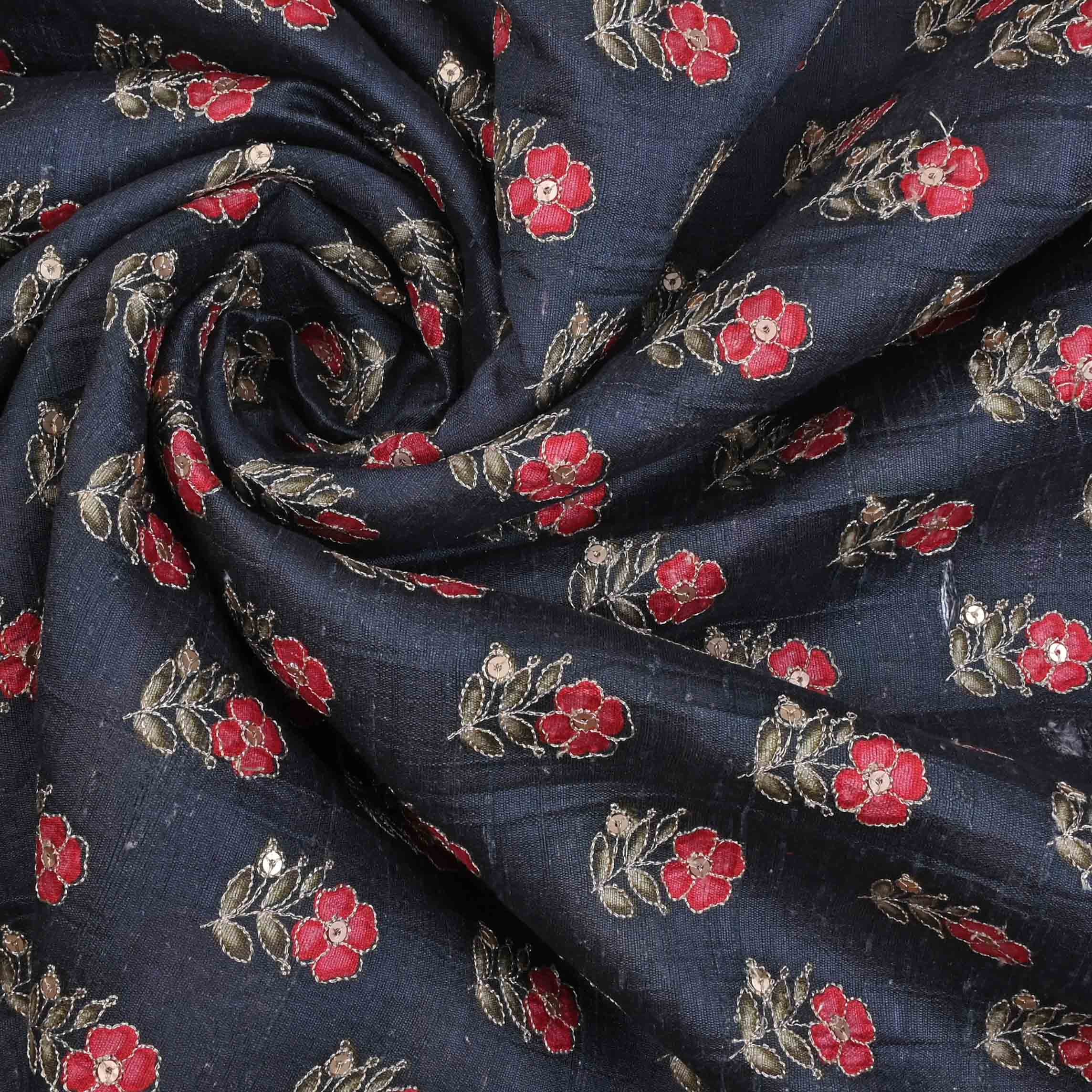 Deep Navy Blue Embroidered Rawsilk Fabric With Floral Buttis