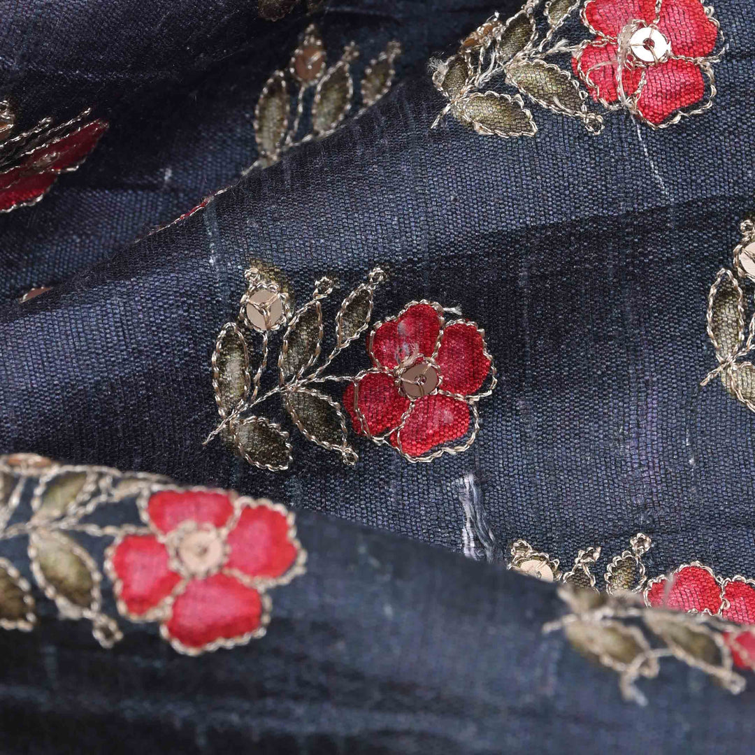 Deep Navy Blue Embroidered Rawsilk Fabric With Floral Buttis