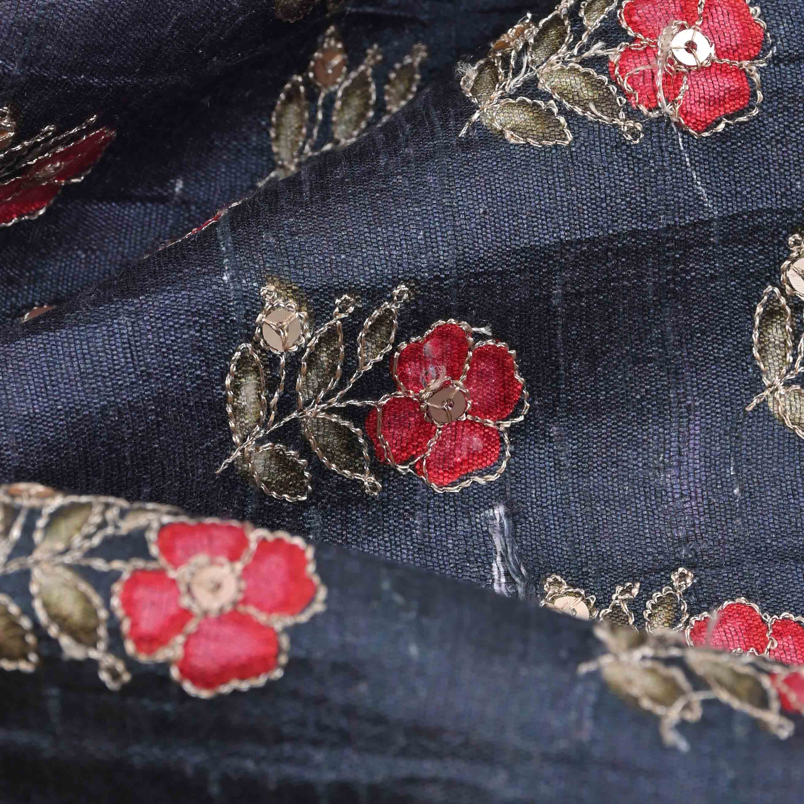 Deep Navy Blue Embroidered Rawsilk Fabric With Floral Buttis