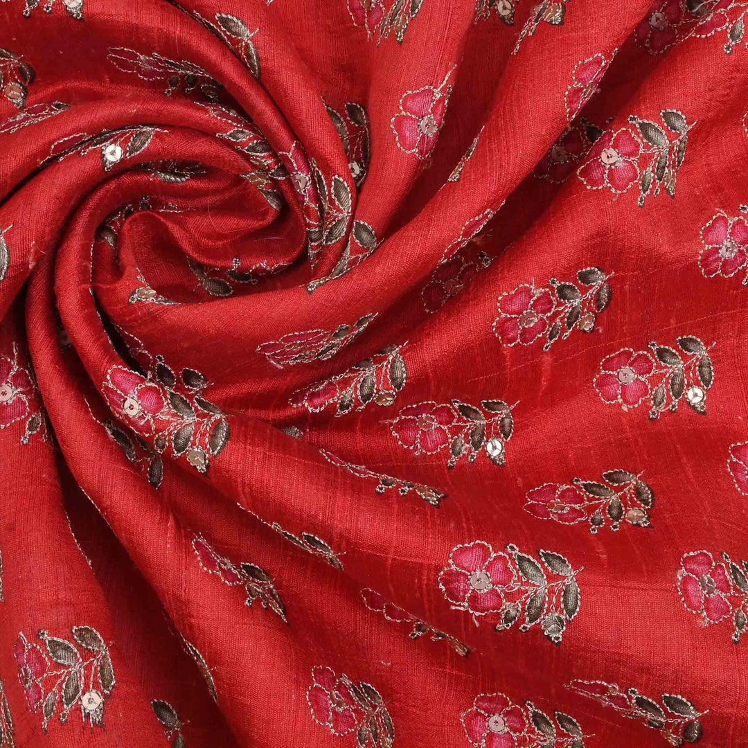 Persian Red Zari Embroidered Rawsilk Fabric With Floral Pattern