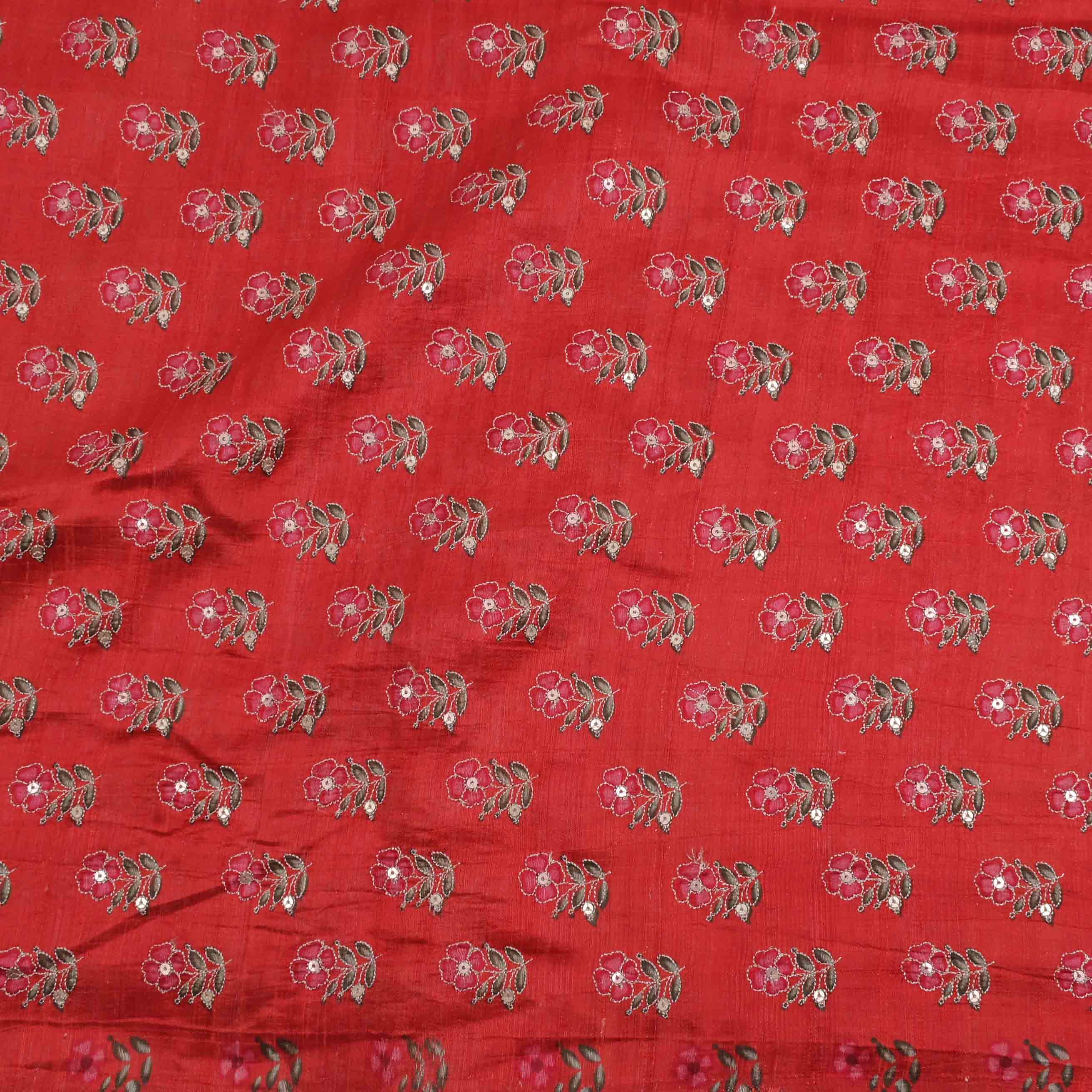 Persian Red Zari Embroidered Rawsilk Fabric With Floral Pattern