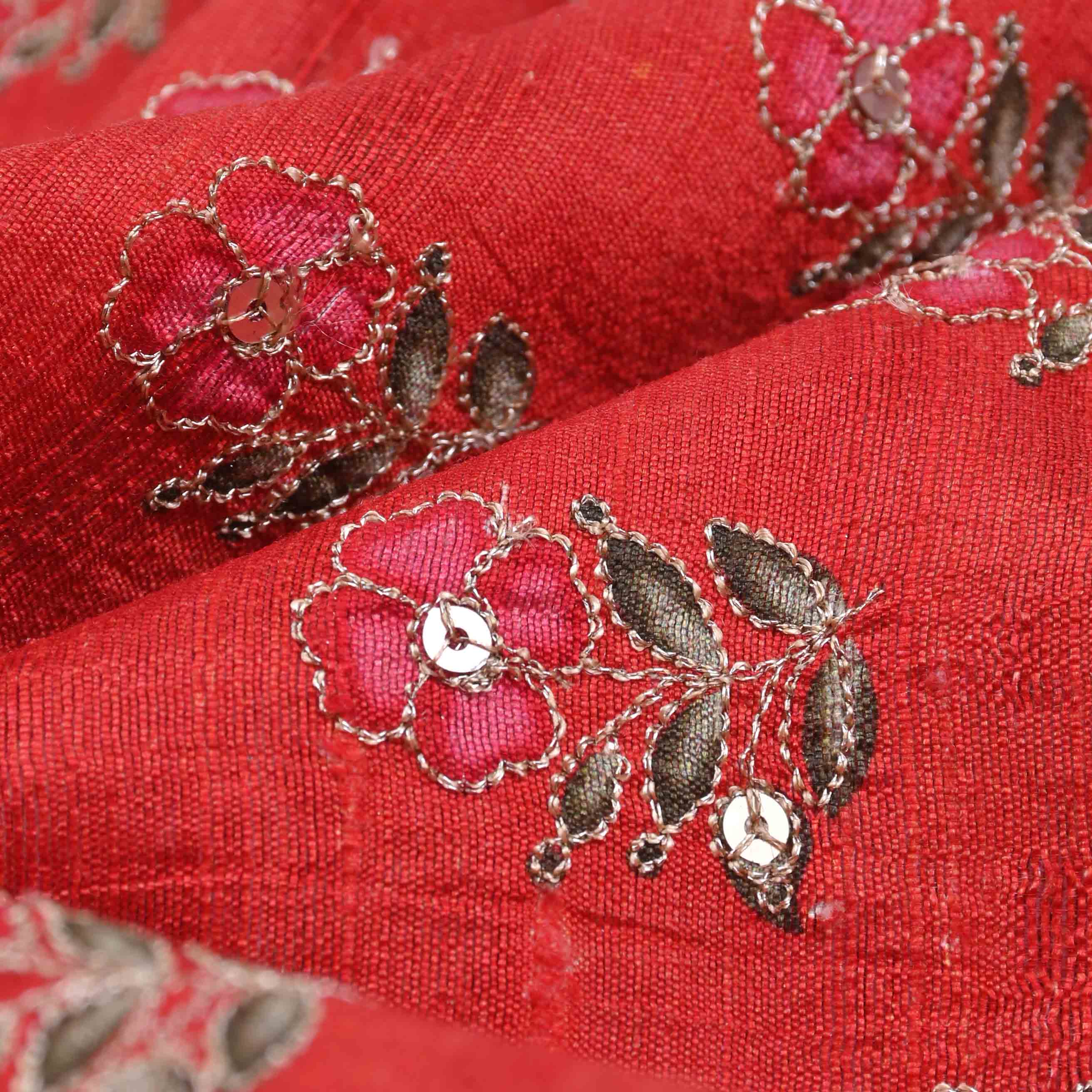 Persian Red Zari Embroidered Rawsilk Fabric With Floral Pattern