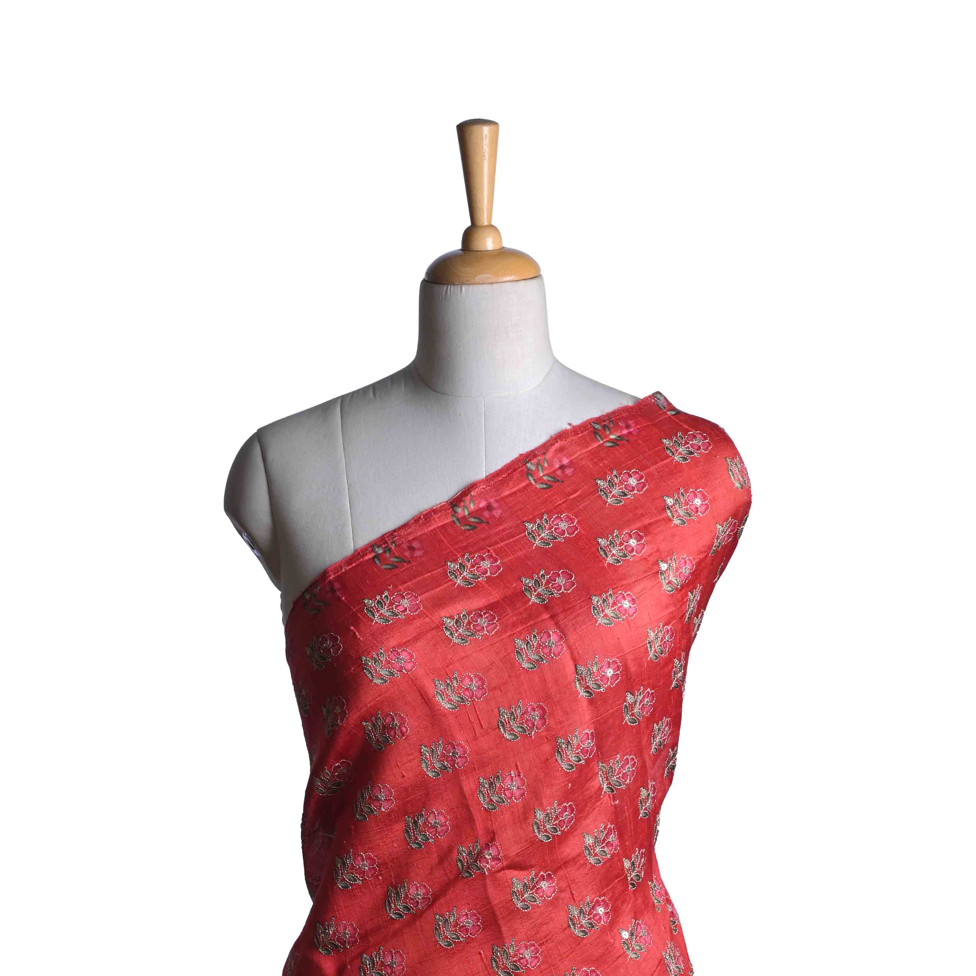 Persian Red Zari Embroidered Rawsilk Fabric With Floral Pattern