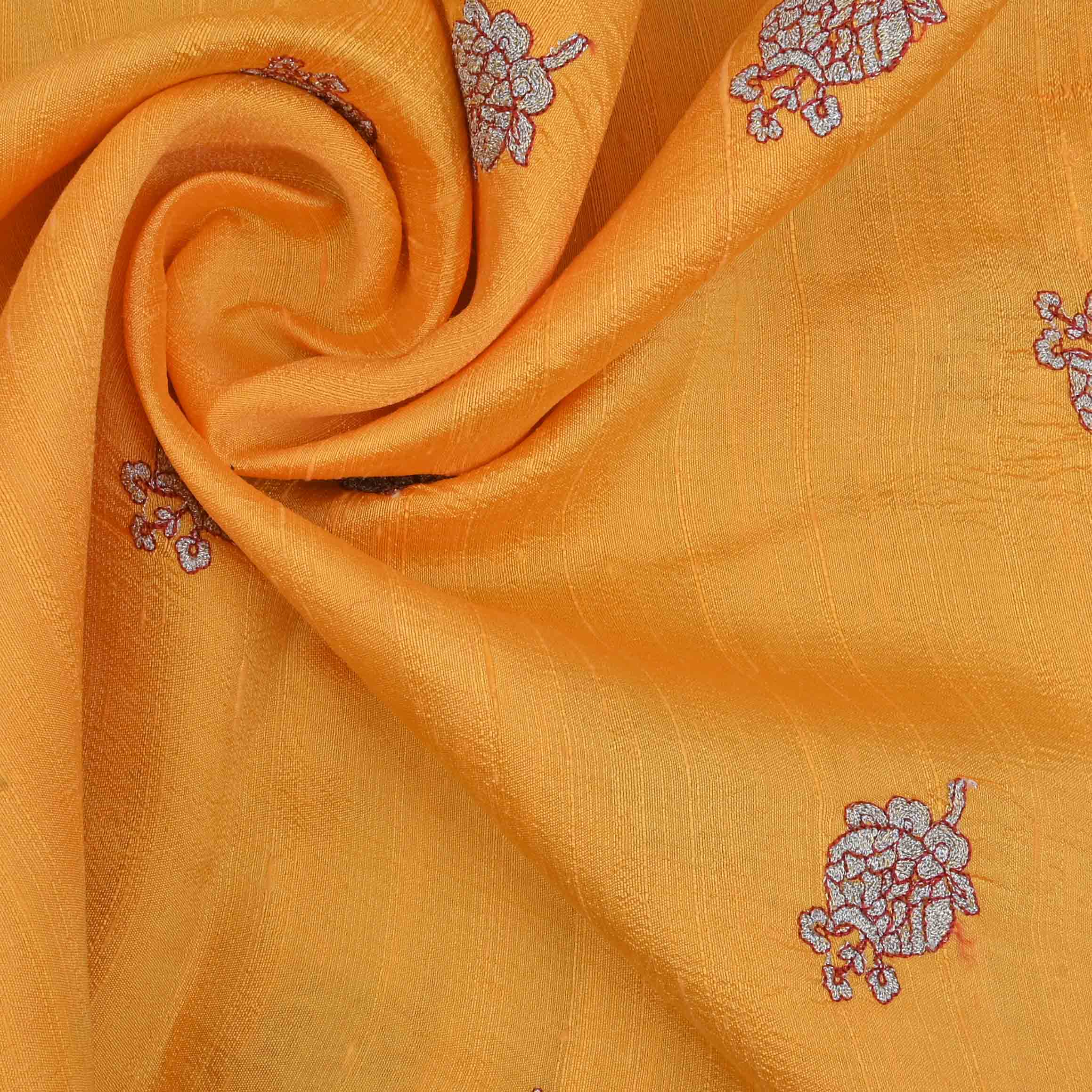 Bright Yellow Embroidery Rawsilk Fabric With Floral Patterm