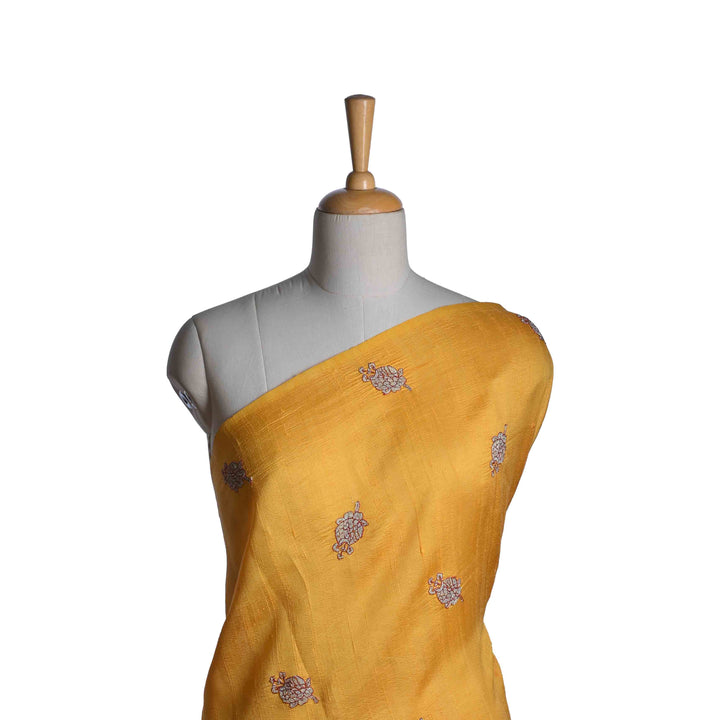 Bright Yellow Embroidery Rawsilk Fabric With Floral Patterm