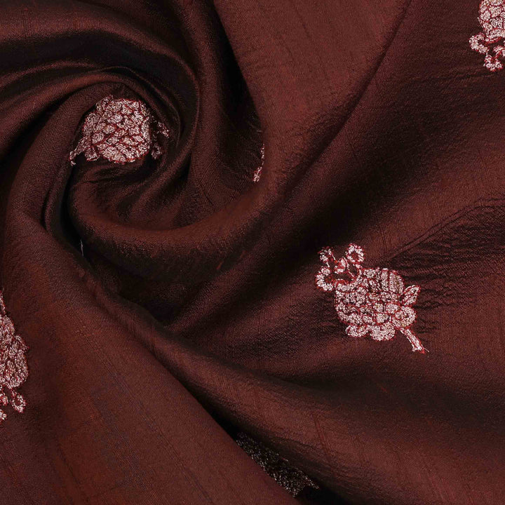 Brown Coffee Embroidery Rawsilk Fabric With Floral Patterm