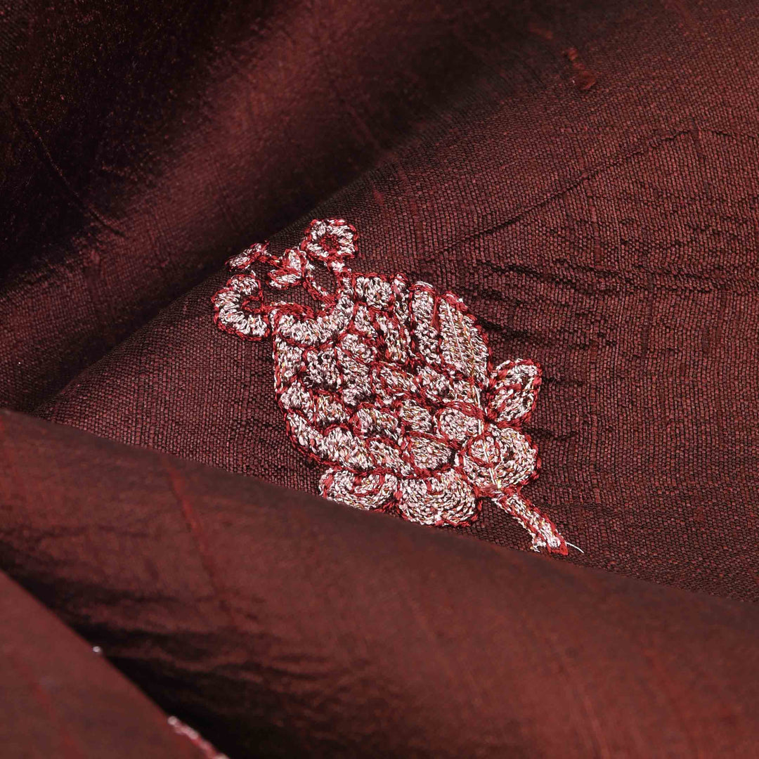 Brown Coffee Embroidery Rawsilk Fabric With Floral Patterm