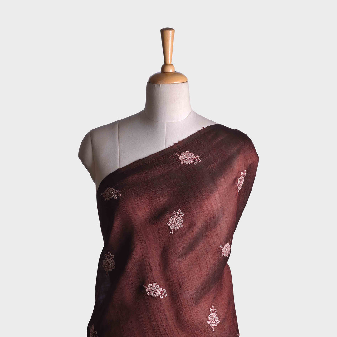 Brown Coffee Embroidery Rawsilk Fabric With Floral Patterm