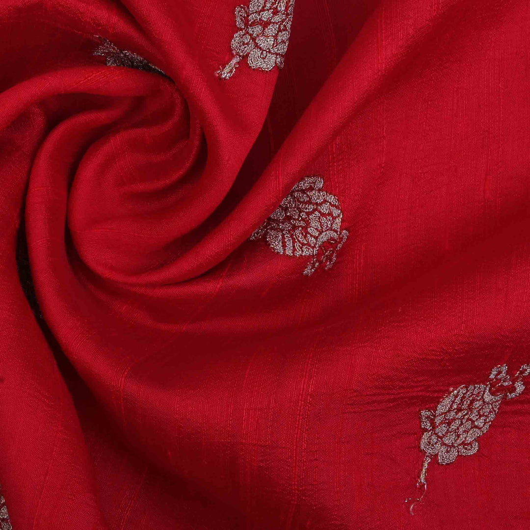 Carmine Red Embroidery Rawsilk Fabric With Floral Patterm