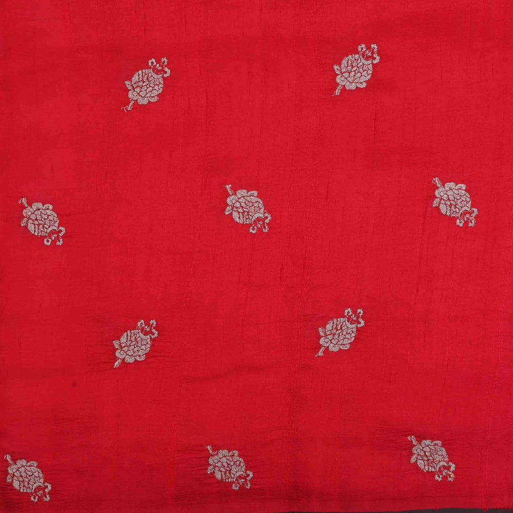 Carmine Red Embroidery Rawsilk Fabric With Floral Patterm