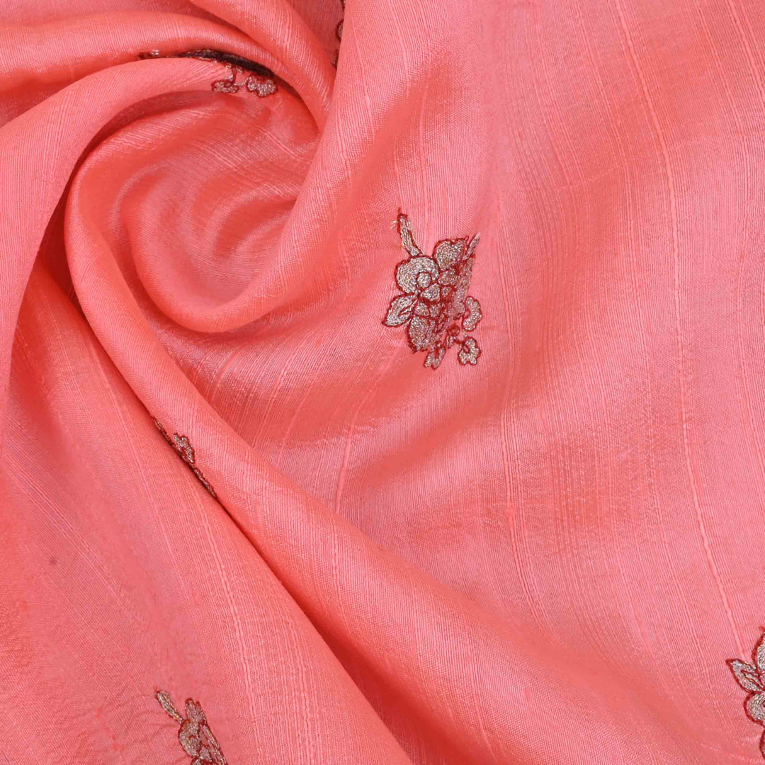 Candelight Peach Embroidery Rawsilk Fabric With Floral Patterm